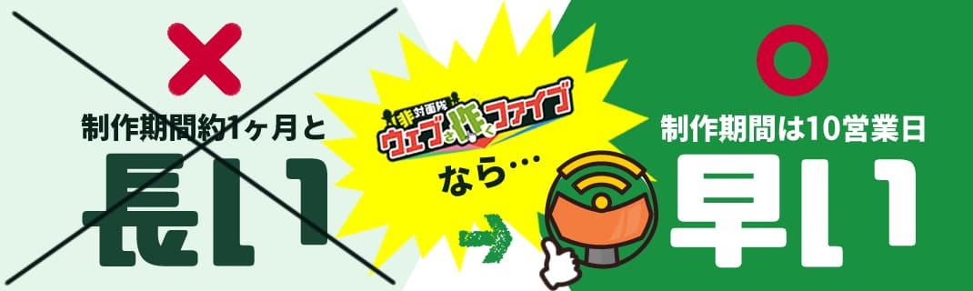 制作期間約1ヶ月と長い 非対面隊ウェブ作ファイブなら 制作期間は最短10営業日と早い